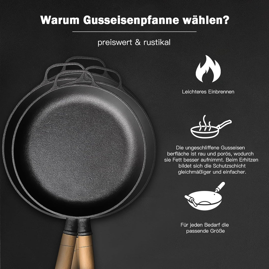 Gusseisenpfanne mit Holzgriff abnehmbar, pfanne gusseisen ohne Beschichtung, Gusspfanne für alle Her