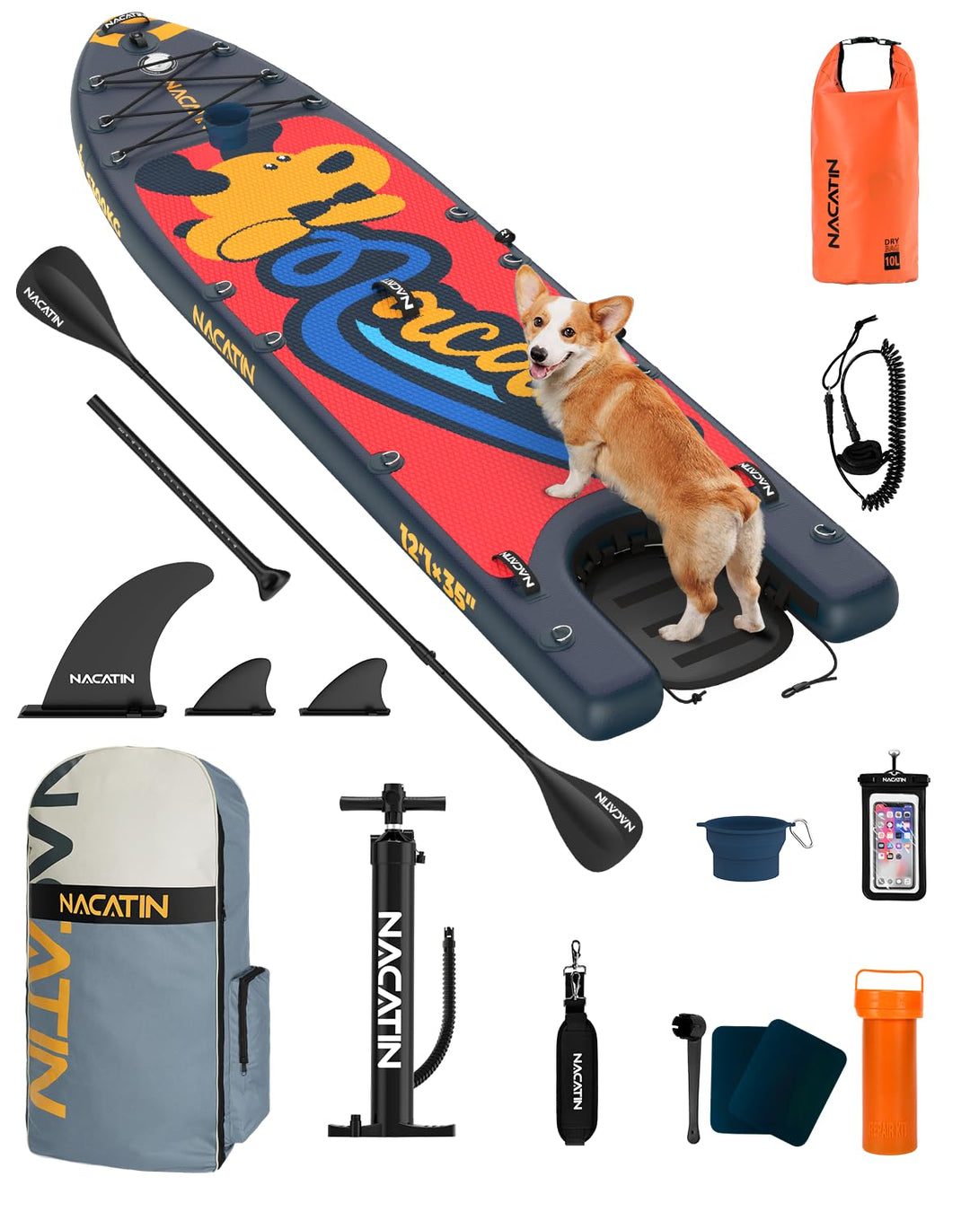 NACATIN 366cm (12ft) aufblasbares SUP Board mit Hunderampe, breites 91cm (36in) Stand Up Paddling Bo