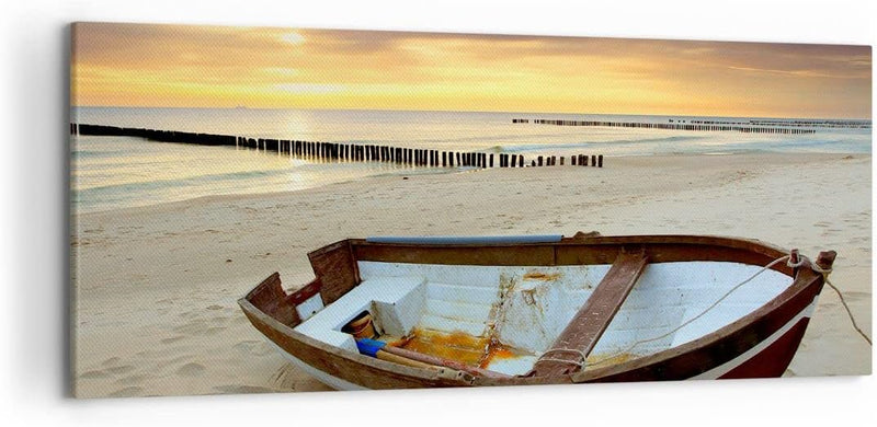 Wandbilder Dekoration Wohnzimmer Strand Boot Ostsee Sommer Panorama Bilder auf Leinwand 120x50cm Lei