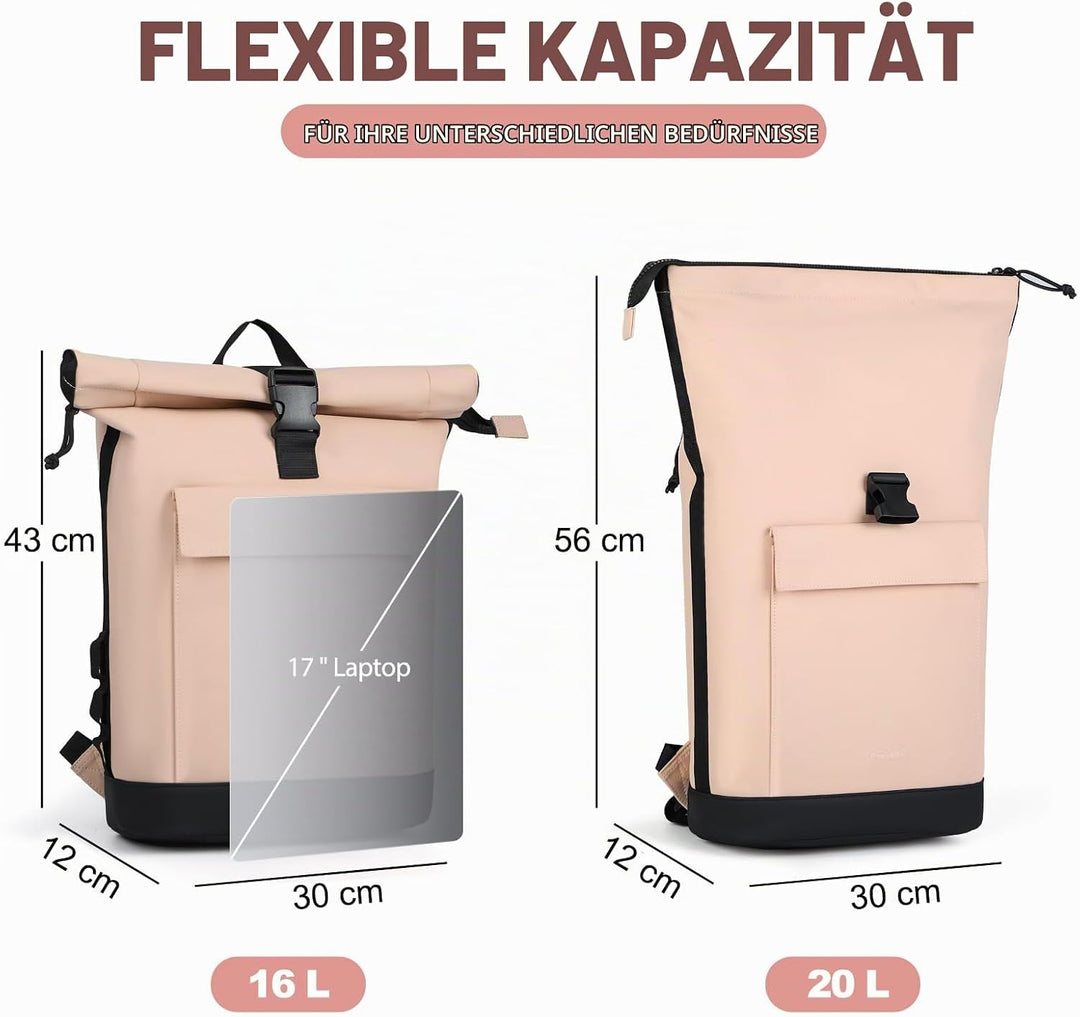 Rolltop Rucksack Damen &amp; Herren, Elegant Laptop Rucksack Wasserdicht mit 17 Zoll Laptopfach, Grosser
