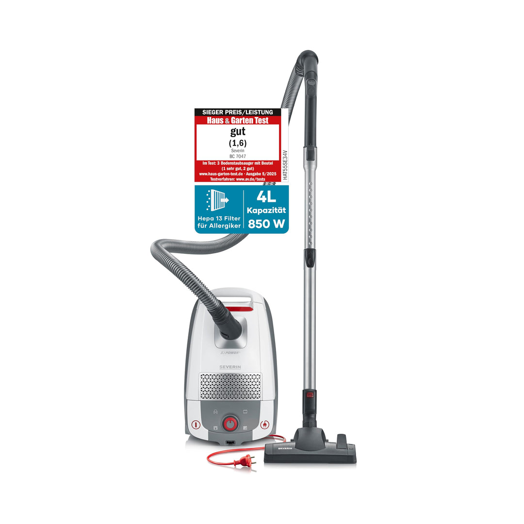 SEVERIN BC7047 7047, Staubsauger, weiss-rot 4L, Weiss/Rot, 850 W, 4L, Weiss/Rot, 850 W
