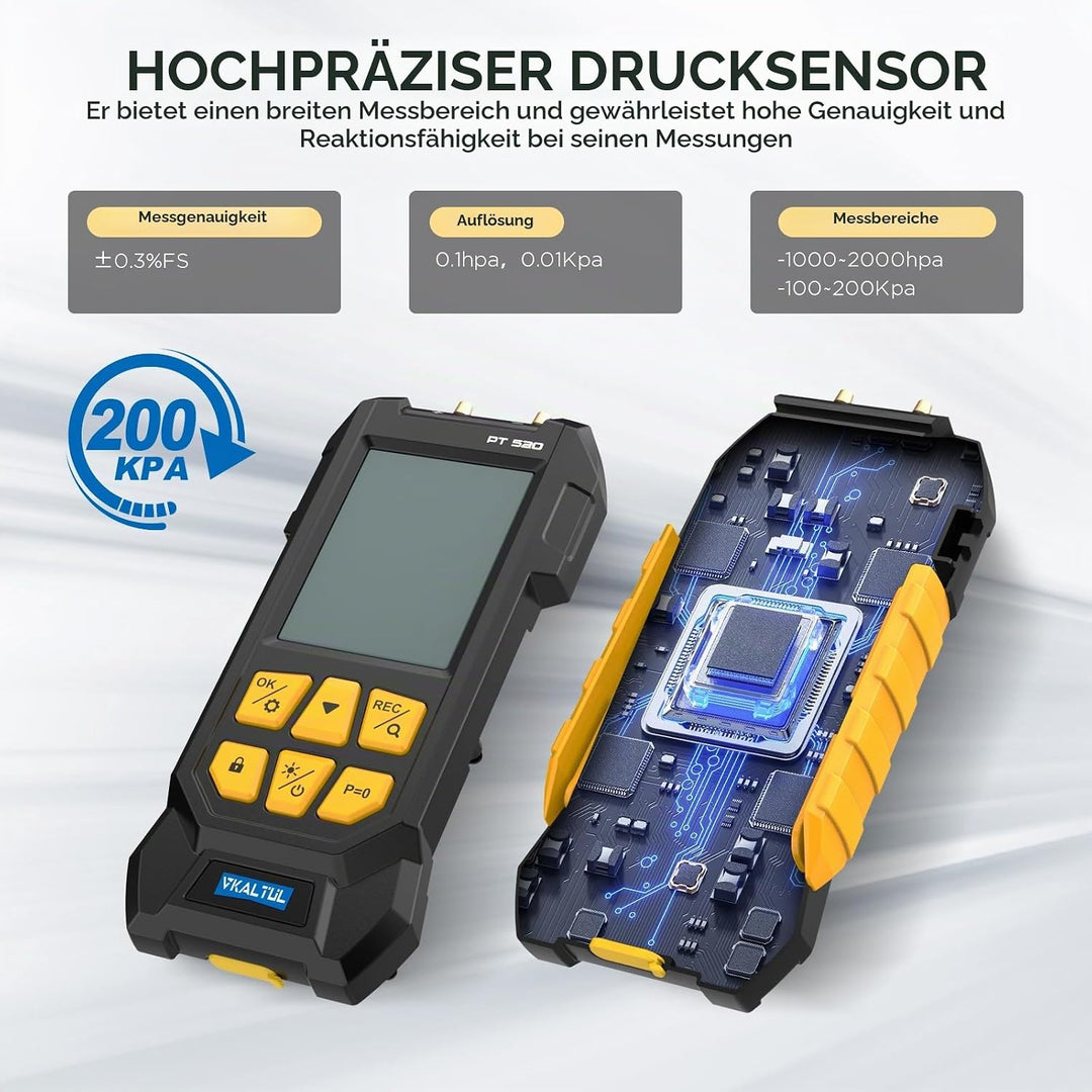 Digitales Manometer PT520,Manometer Wasser,Manometer Druckluft mit Hohem Genauigkeitswert, 10 Messwe