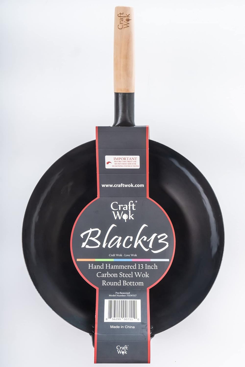 Craft Wok Black13 Wok aus vorgebranntem, handgehämmertem Karbonstahl, mit Holz- und Stahlgriff (33 c
