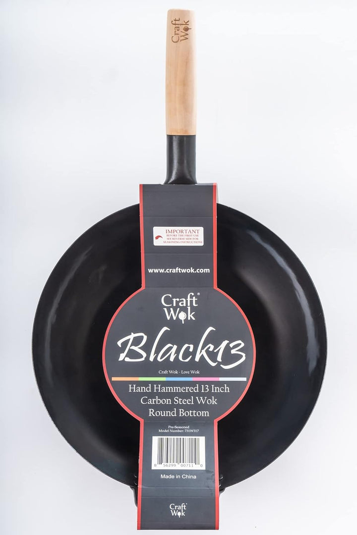 Craft Wok Black13 Wok aus vorgebranntem, handgehämmertem Karbonstahl, mit Holz- und Stahlgriff (33 c