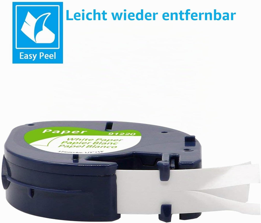 Aken 91200 Papier Weiss 12mm x 4m Schriftbänder Kompatibel mit Dymo Etikettenband, Kompatibel mit Dy