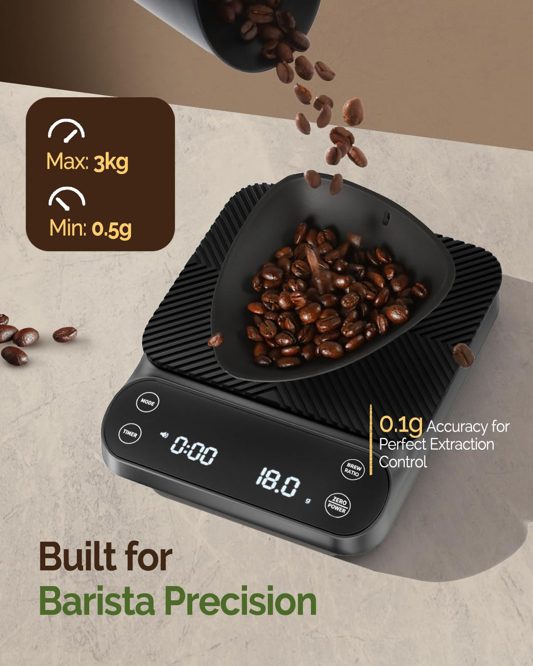 Maestri House S3 Kaffeewaage mit Timer, 3kg/0,1g Wiederaufladbar Digitale Espresso Waage, 3 Brühmodi