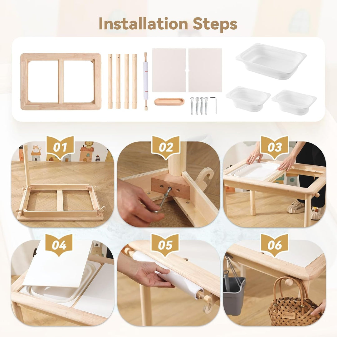 let's make Spieltisch Kinder mit Zeichenpapier, Holz Kindertisch mit Stauraum Höhenverstellbar 3 Fal