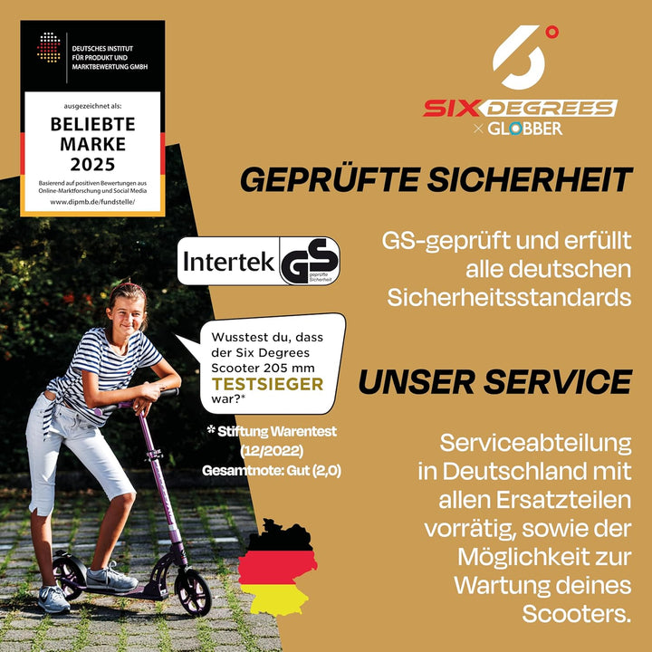 Six Degrees Aluminium Scooter mit Klappmechanismus, Ständer, 205 mm TESTSIEGER, ABEC 7, höhenverstel