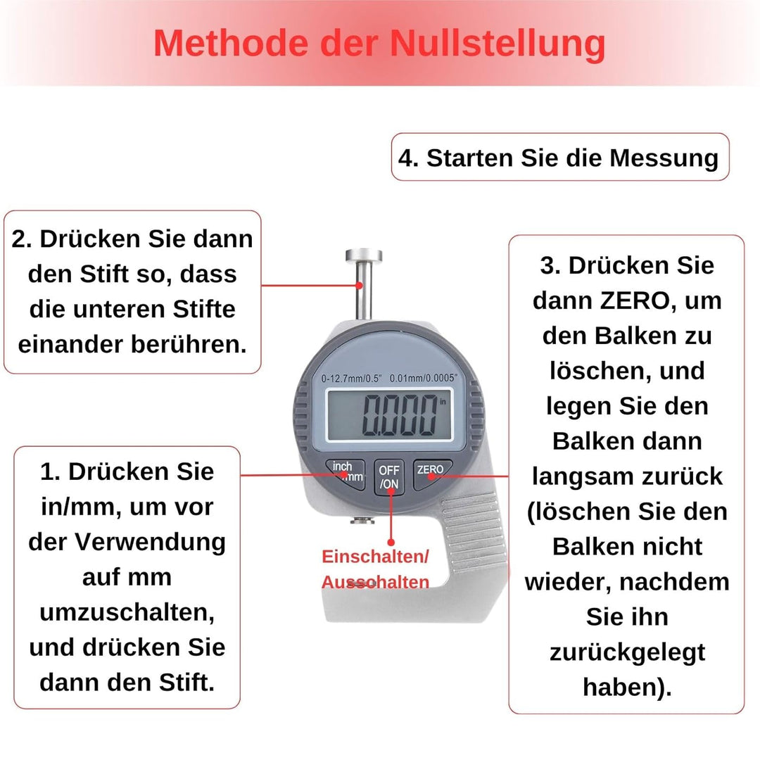 Dickenmessgerät, Digital Thickness Gauge Flat Measure Head Precise LCD Display Readout Percentage El