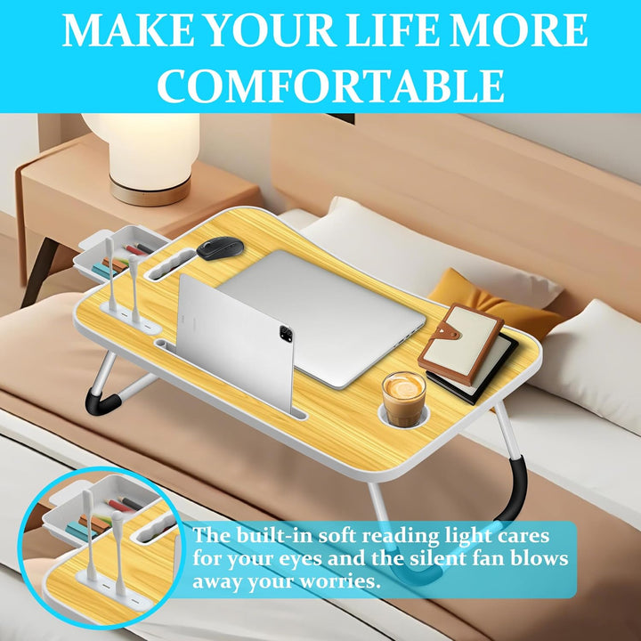 Soontrans Laptoptisch, 60 x 40 x 28 cm, Laptop Tisch mit Schublade, Getränkehalter, Kleiner Ventilat