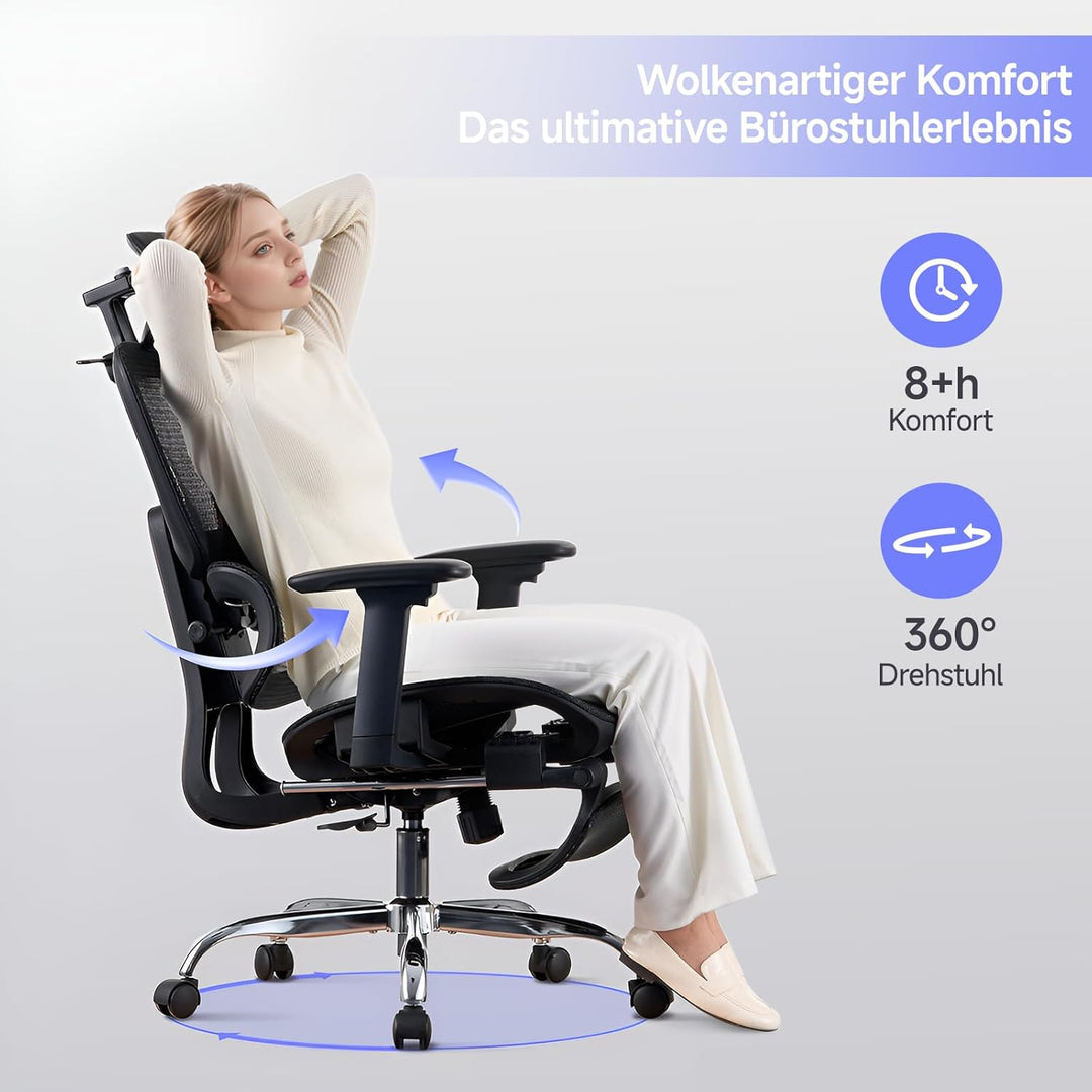 LarkLeaves Ergonomischer Bürostuhl mit Fussstuhl & 3D Armlehnen - Gaming Stuhl mit 5-Fach Höhenverst