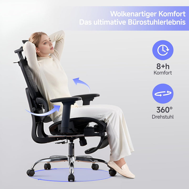 LarkLeaves Ergonomischer Bürostuhl mit Fussstuhl & 3D Armlehnen - Gaming Stuhl mit 5-Fach Höhenverst
