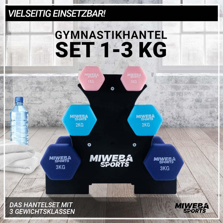Miweba Sports Hanteln Set Neopren & Vinyl NKH120 - Kurzhantel Set 2 x 1 kg | 2 x 2 kg | 2 x 3 kg | 𝐏