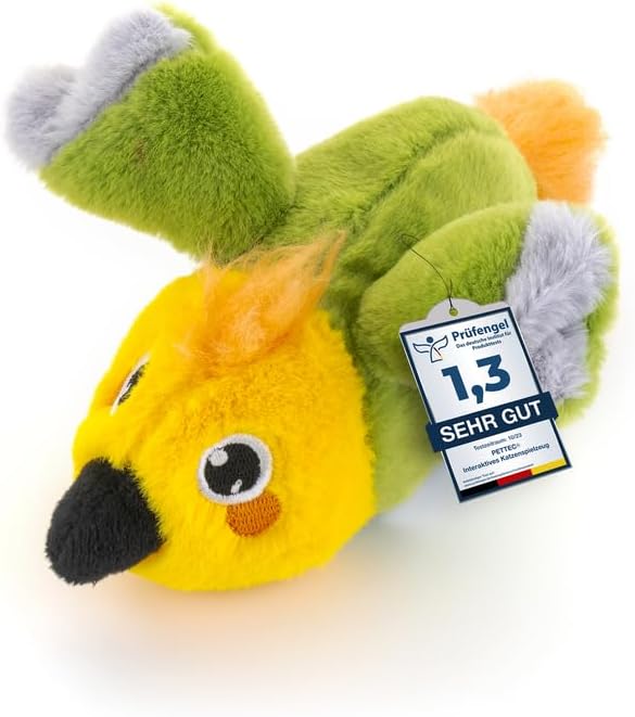 PetTec - Plush Toy Papagei Katzenspielzeug interaktiv zur Selbstbeschäftigung - Plüschtier Katze bew