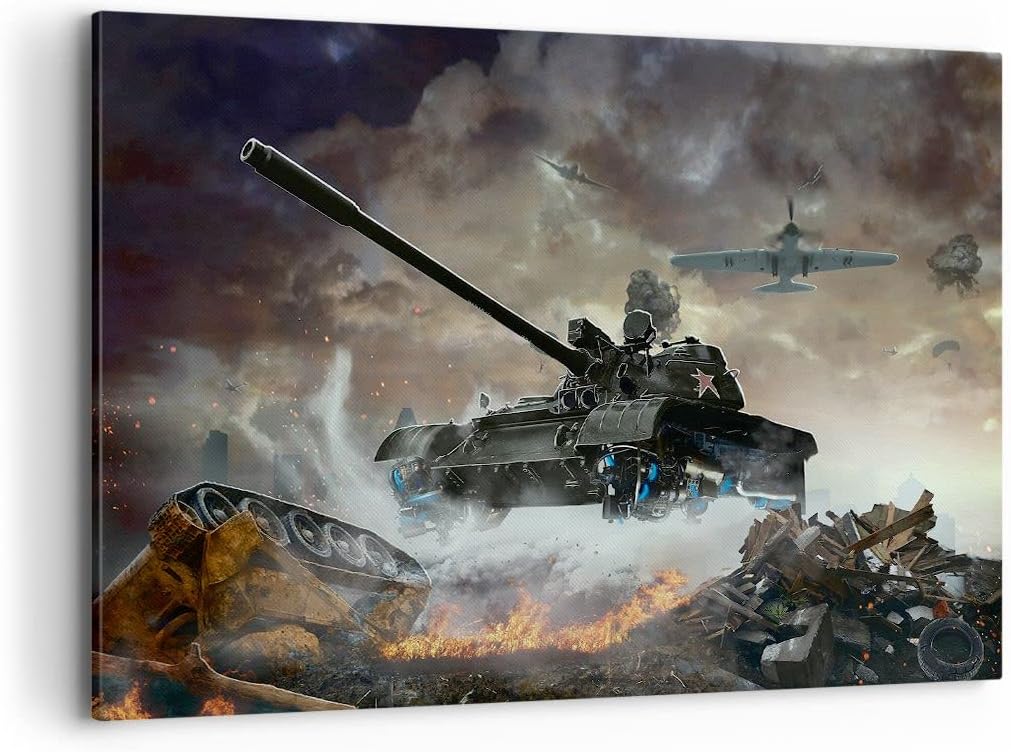 Bilder auf Leinwand 100x70cm Leinwandbild Krieg Panzer Airplain Schlacht Gross Wanddeko Bild Schlafz