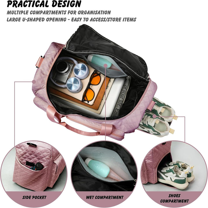 Sporttasche Damen，Reisetasche mit Nassfach und Schuhfach Wasserdichter Handgepäck Tasche, Weekender