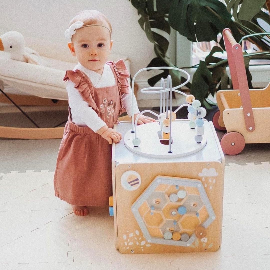 mamabrum Aktivitätswürfel aus Holz - Baby Spielzeug mit Motorikschleife, Formensortierer, Labyrint