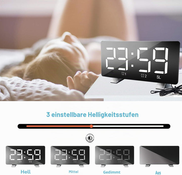 Lancoon Digitaler Wecker mit Radio 4 Helligkeitsstufen Lautstärke einstellbar Schlummern USB Ladeans