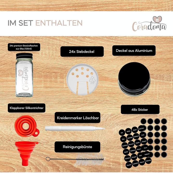 Gewürzgläser Set Eckig 24 Stück inkl. Gewürzetiketten | Organizer zur Aufbewahrung Küche - Glas mit
