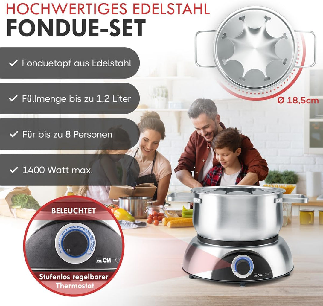 Clatronic FD 3783 elektrischer Fonduetopf, Topf mit abnehmbaren Spritzschutz, Fondue-Set für 8 Perso