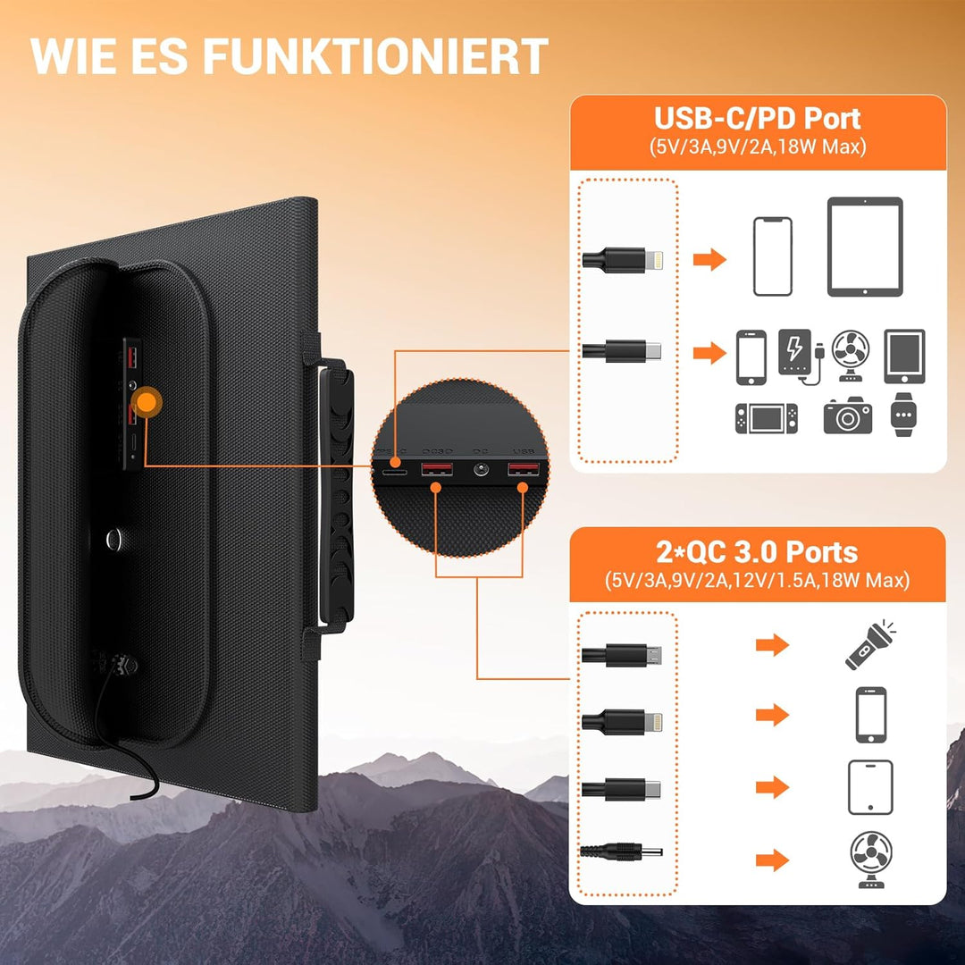 Mesuvida 30W Solarpanel Faltbar mit 5 Anschlüssen, 18V MC4 höhere Leistung /12 V DC/QC 3.0 USB-A und