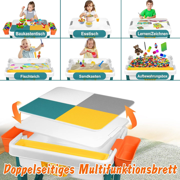 6-in-1 Kindertisch mit 2 Stühle, Kinder Spieltisch mit 300 Bausteinen, Doppelseitiger Tischplatte, M