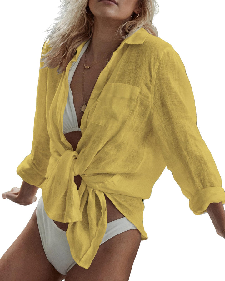 Bsubseach Damen Long Sleeve Beach Shirt Blusen Turn Down Kragen Strandponcho G-gelb, G-gelb