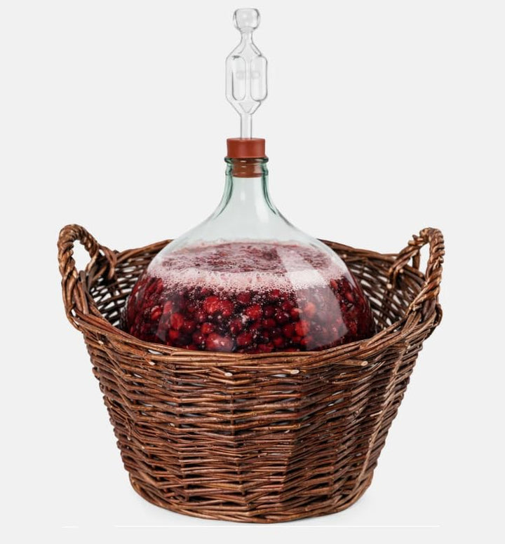 Weinballon mit WEIDENKORB, Kunststoffkorb, Glasballon, Gäreimer, Gärballon, Weinfass, Gallone, Bügel