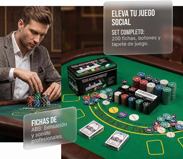 various Poker-Set aus Metallbox, 200 Pokerchips, 2 Abdeckungen, Distanzknopf, Brettspiel