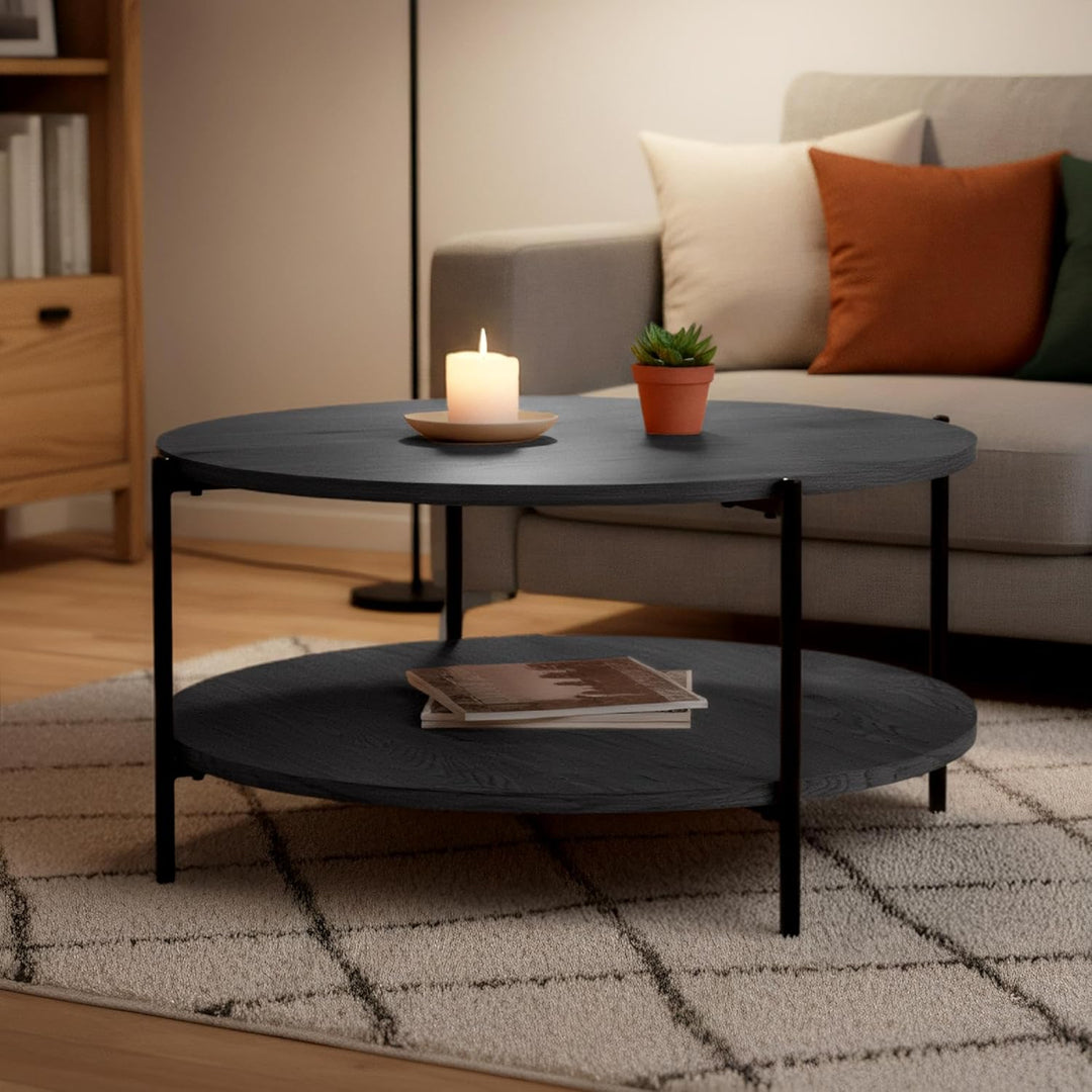 CLP Couchtisch rund Holz Edduma, Sofatisch 2 Ebenen mit Stauraum, Beistelltisch klein Metallgestell