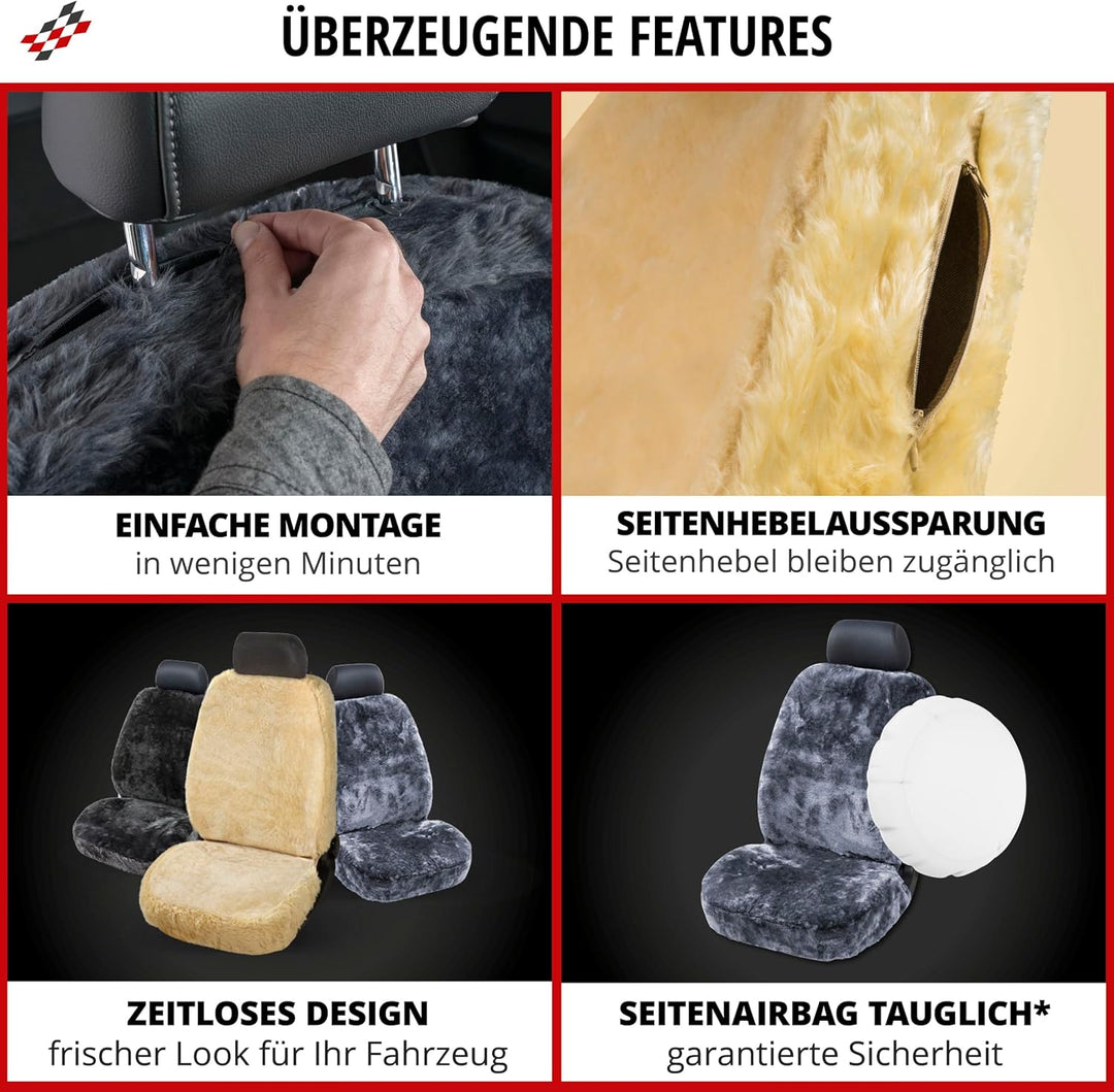 Walser Lammfell Autositzbezug Nineve, 100% Lammfell Sitzbezug für Auto, 1 Stück Lammfell Sitzbezüge