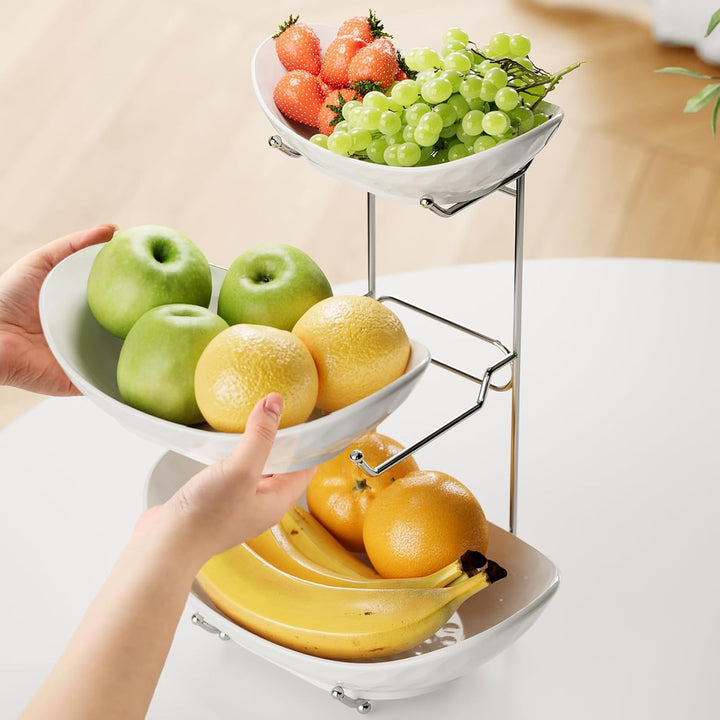 Obstschale, 3 Etagen Keramik Obstkorb, 3 Etagen Servierständer Servierschale mit Metallgestell, Porz