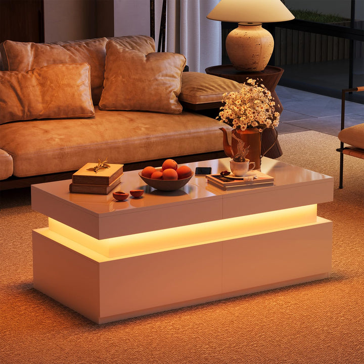 YOUDENOVA Couchtisch Weiss mit Stauraum, Wohnzimmertisch Hochglanz mit 7 Farbiger LED Beleuchtung, A