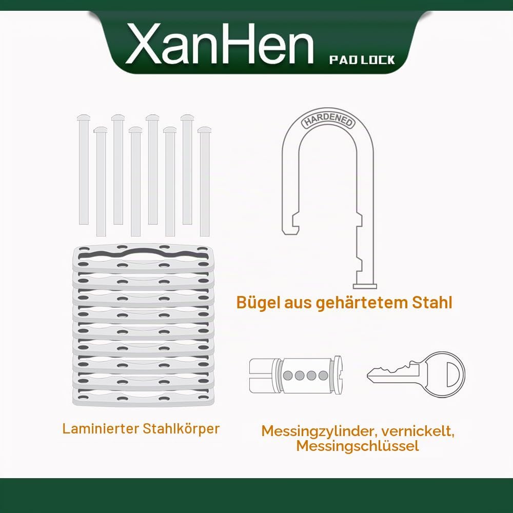 Vorhängeschlösser für den Aussenbereich, mit Schlüssel, laminierter Stahl, mit normalem Bügel, 12 St