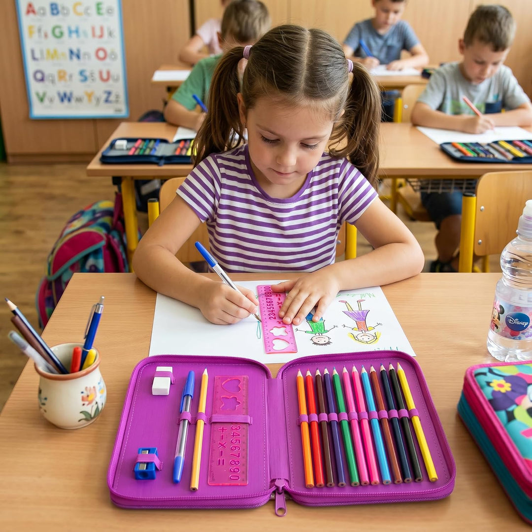 Disney Minnie Mouse Federmäppchen mit 2 Fächern, gefüllt mit Schreibwaren für Kinder | Schulbedarf m