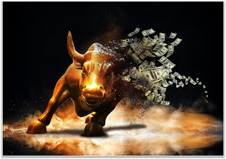 wandmotiv24 Poster als Wanddeko, Grösse 100x70cm, Goldener Stier, Dollar, Geldscheine, Geld, Tier, M