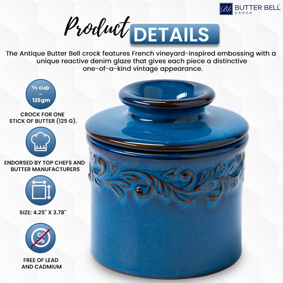 Butter Bell BB-AQDB The Original Crock by L. Tremain, Antique Collection-Denim Blue Buttertopf, Kera