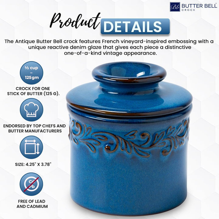 Butter Bell BB-AQDB The Original Crock by L. Tremain, Antique Collection-Denim Blue Buttertopf, Kera
