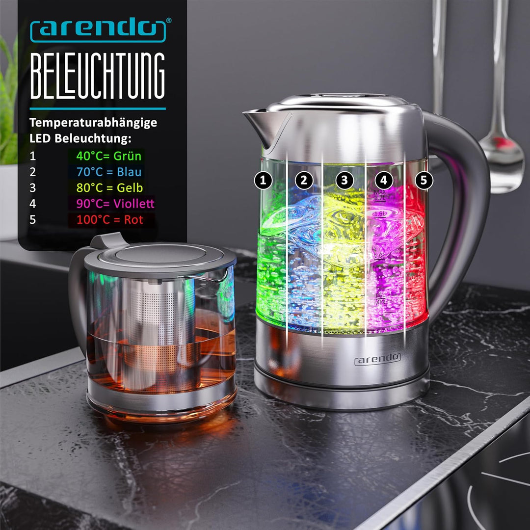 Arendo - Glas Wasserkocher mit Temperatureinstellung 1,8 Liter - Teekocher 0,8 Liter mit Sieb - 2200