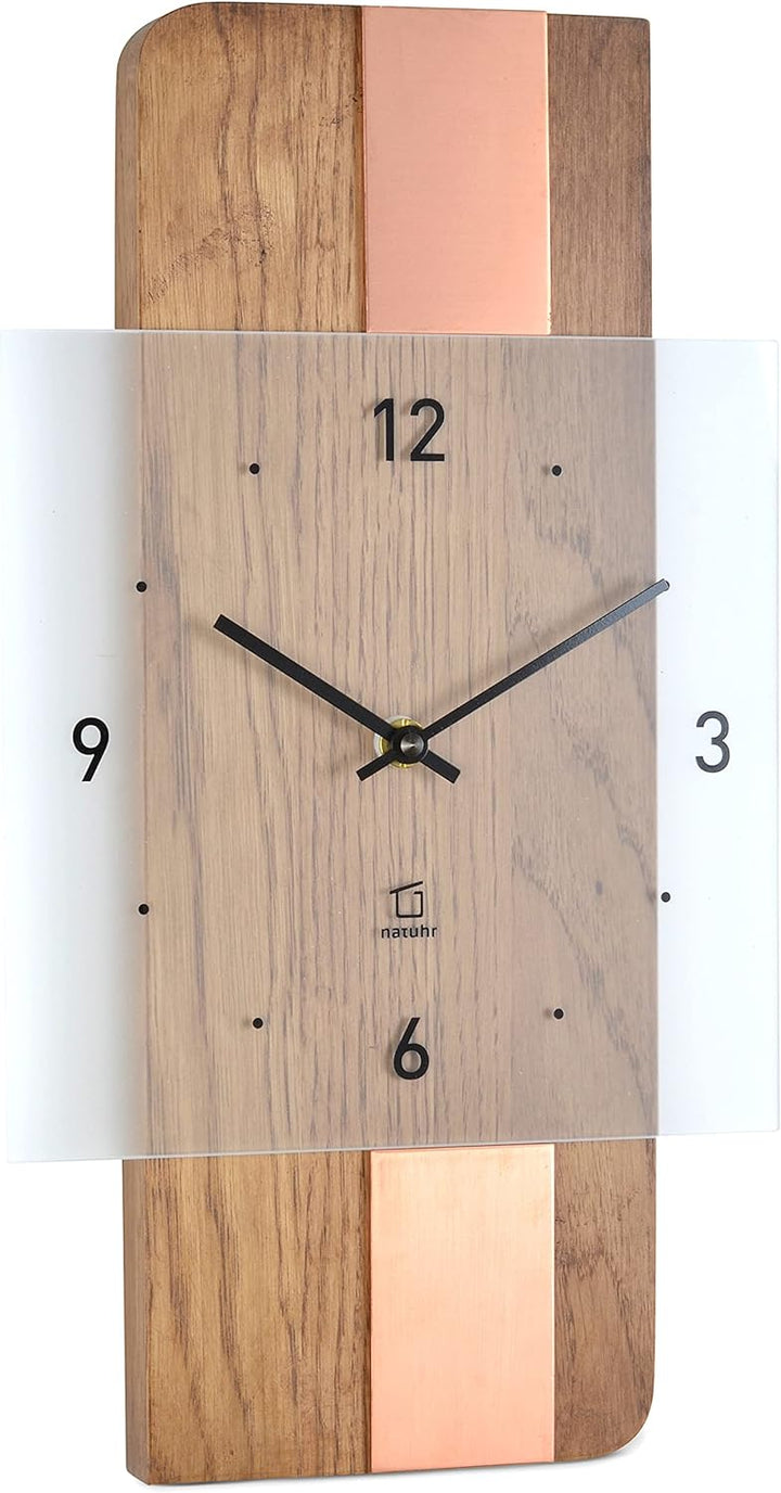 Natuhr Holz Metall Glas Wanduhr - Fusion - präzises Funk-Uhrwerk plastikfrei verpackt (Eiche rustika