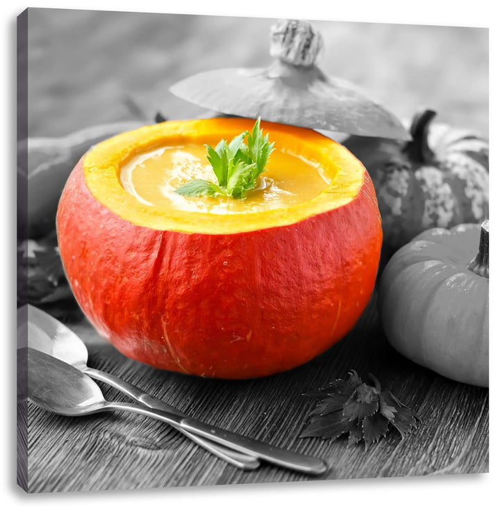 Pixxprint schmackhafte Kürbissuppe in Kürbis schwarz/weiss, Format: 70x70 auf Leinwand, 70x70