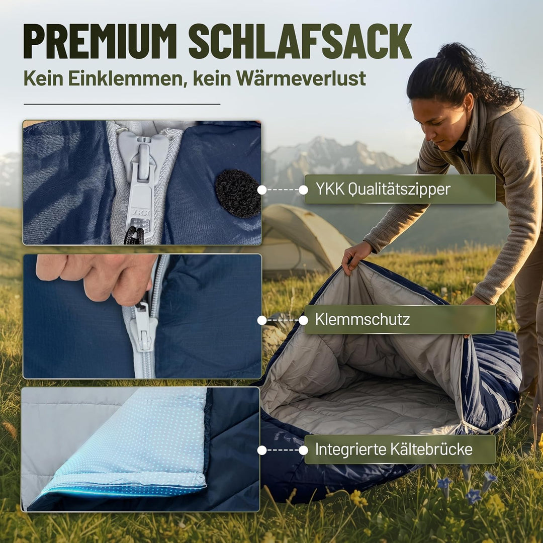ALPENWERT® Schlafsack Sommer Ultraleicht & klein [15x27cm Packmass] – Wasserabweisend, YKK Reissvers