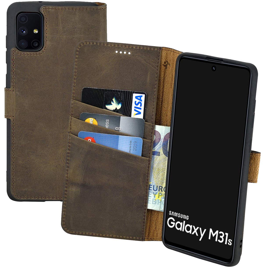 Suncase Book-Style Hülle kompatibel mit Samsung Galaxy M31s Leder Tasche (Slim-Fit) Lederhülle Handy