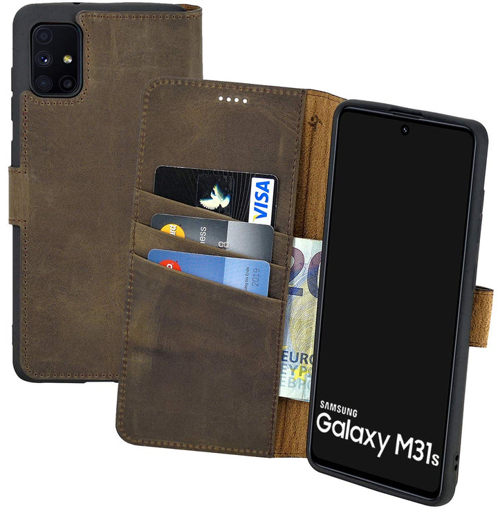 Suncase Book-Style Hülle kompatibel mit Samsung Galaxy M31s Leder Tasche (Slim-Fit) Lederhülle Handy