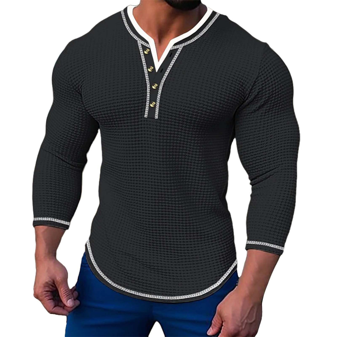 Herrenmode Herbst Casual Langarm Knopf Einfarbig Langarm T-Shirt Top Schicke Herren Schwarz 3XL, Sch