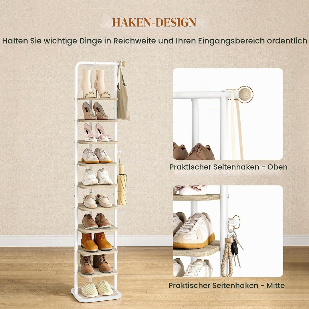 Schuhregal, 10-Stockige Schuhablage Schmal, Vertikales Schuhregal, Verstellbar Ablage, für Eingangsb