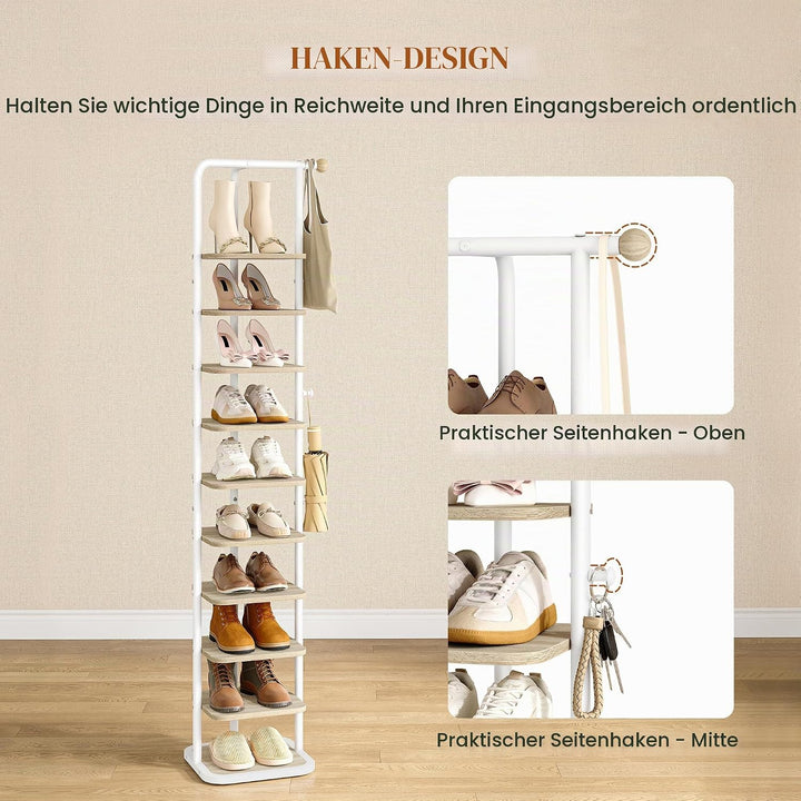 Schuhregal, 10-Stockige Schuhablage Schmal, Vertikales Schuhregal, Verstellbar Ablage, für Eingangsb