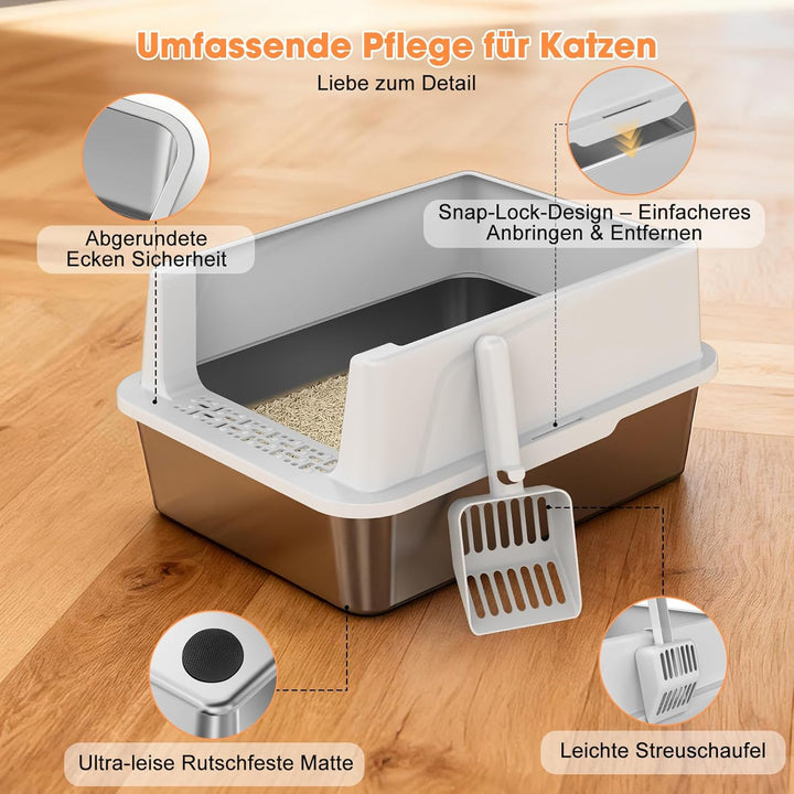 MIXJOY Katzenklo Edelstahl, Katzentoilette Edelstahl 18L Klein für Kätzchen - Offenes Design, Hoher