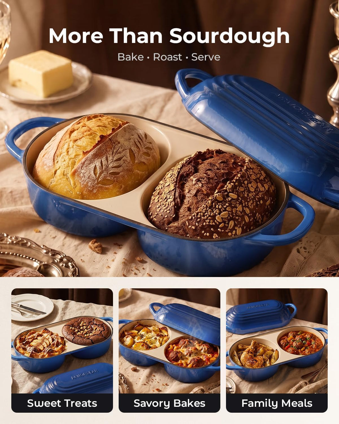 Double Dutch Oven, Brotbacktopf aus Gusseisen für Sauerteig, Blau Blau Doppel Brotbacktopf, Blau Dop