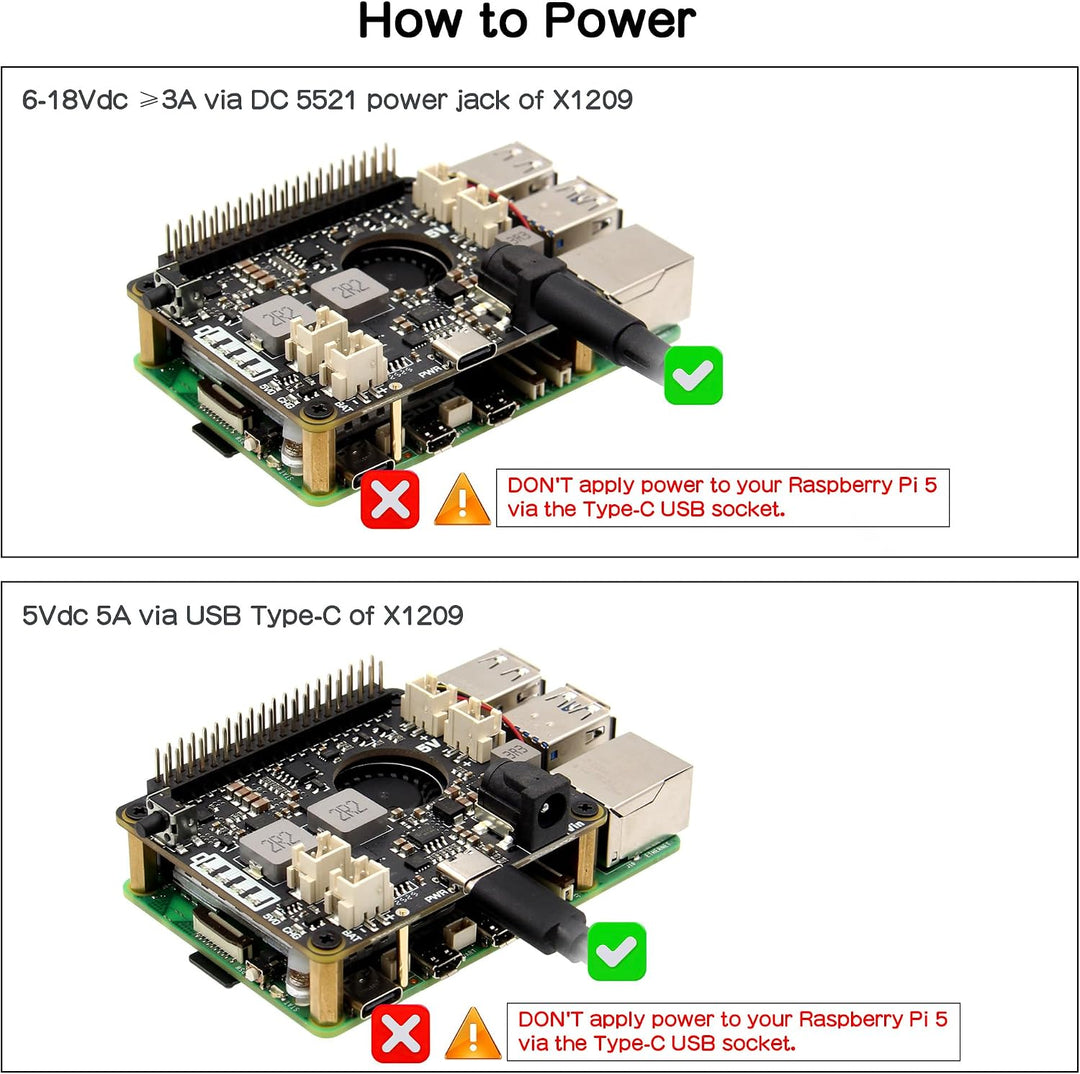 Geekworm X1209 UPS für Raspberry Pi 5/4B/3B+/3B | 5,1V 6A Ausgabe, 5-18V Breitbandeingang, Oben mont